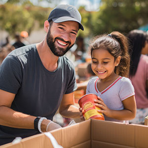 Men with young girl organizing food and supplies to donate to vulnerable communities