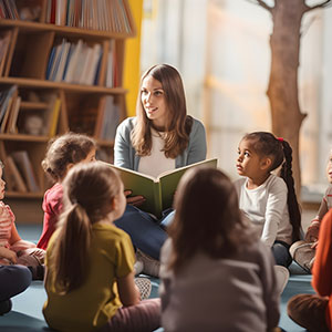 School children surrounding a teacher reading to them